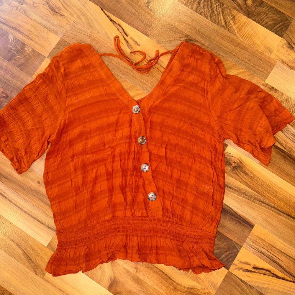 Maurices XL Orange Textured Button Front Smocked Peplum Blouse‎ Top Women's fall